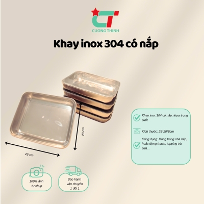 Combo 5 khay Inox 304 có nắp đựng thạch, topping, thực phẩm